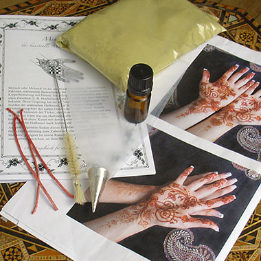 Kit de mehndi (tataouage au henné) avec 1 poche à douille en acier inoxydable, 100 g de henné et 1 flacon des huiles essentielles