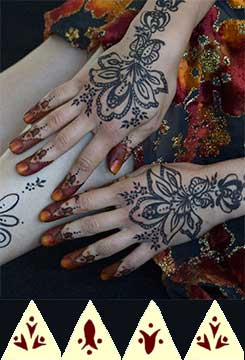 Mit Henna und Galltinte im tunesischen Stil, geschmückte Hände einer Braut