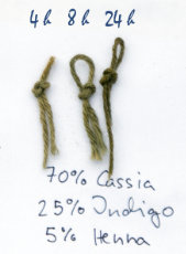 Fils de laine teints avec un mélange de colorants capillaires à base de plantes Cassia obovata (henné neutre ou incolore), l'indigotier (Indigofera tinctoria) et henné (Lawsonia inermis)