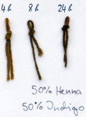 Brins de laine teints avec un mélange de colorants capillaires végétaux à base de l'indigotier (Indigofera tinctoria) et de henné (Lawsonia inermis)