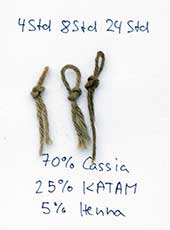 Mit einem Gemisch der Pflanzenhaarfarben Cassia obovata (neutrales oder farbloses Henna), Katam (Buxus dioica) und Henna (Lawsonia inermis) eingefärbte Wollfäden