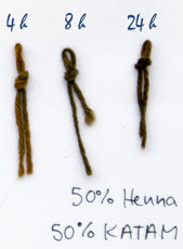 Brins de laine teints avec un mélange de colorants capillaires végétaux Katam (Buxus dioica) et henné (Lawsonia inermis)