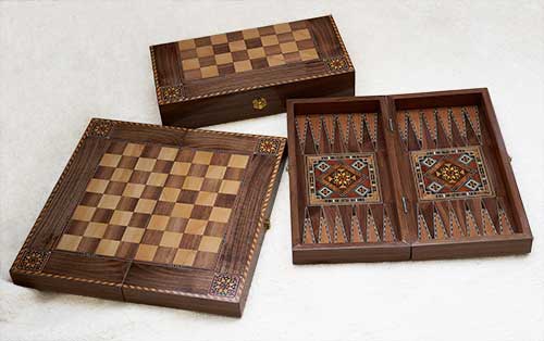 Vintage Mosaik Intarsien Qualität Backgammon Dame Schachbrett in Klappkoffer